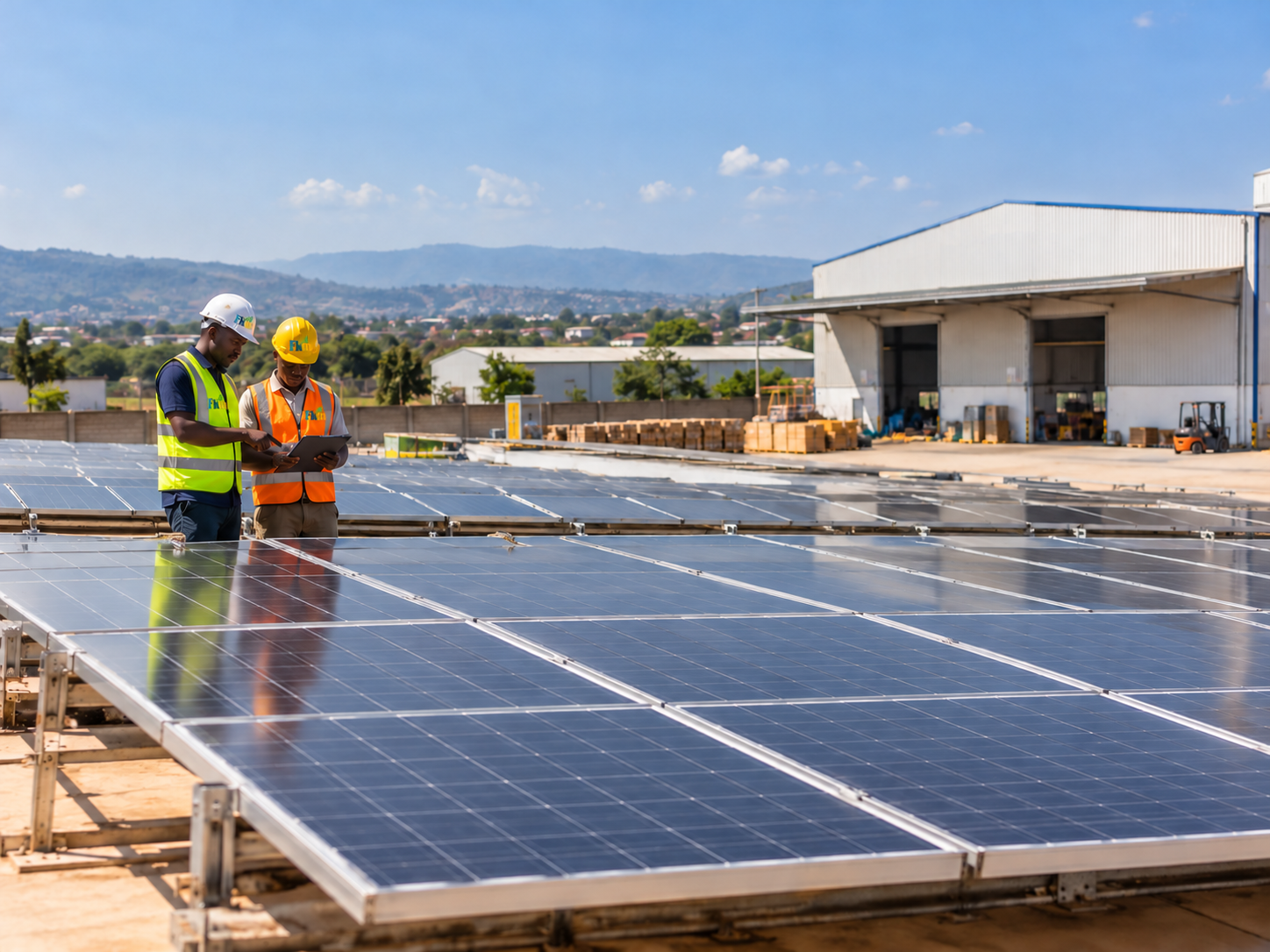 Techniciens intervenant sur une installation solaire industrielle